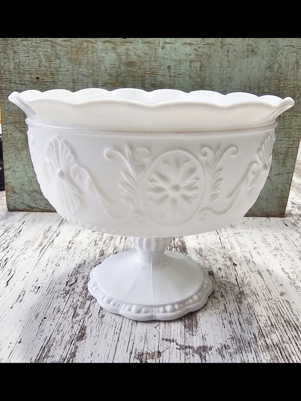 Vintage Indiana Glass White Ruffled Edge Pedestaled Milk Glass Compote Candy